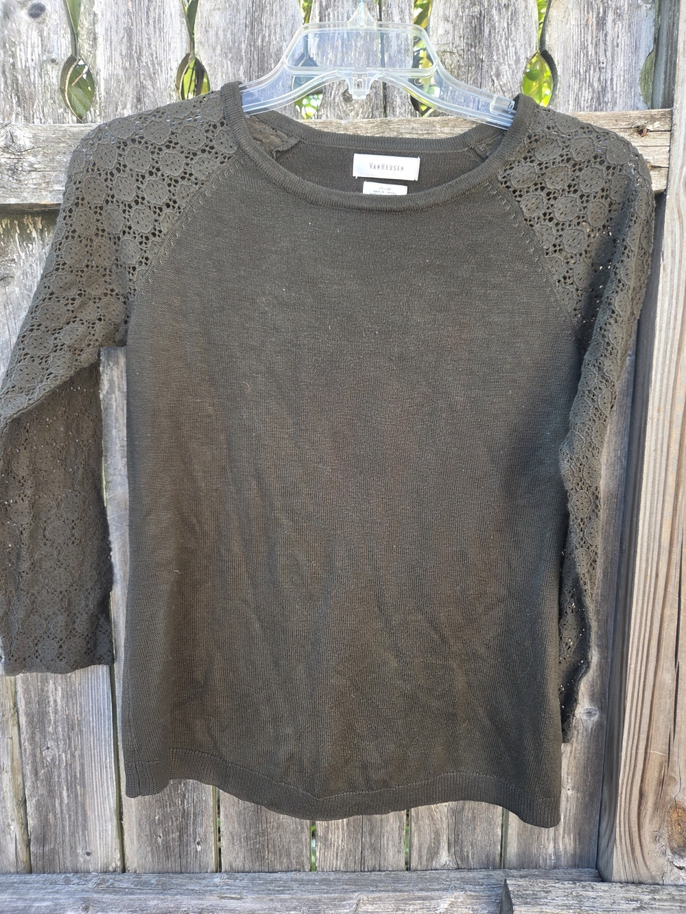 Van Heusen Women's Olive Crochet Sleeve Sweater